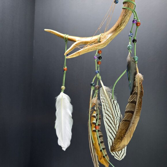 Handcrafted Natural Dreamcatcher Gemstone, Feather, and Deer Antler Unique Decor - Picture 2 of 8